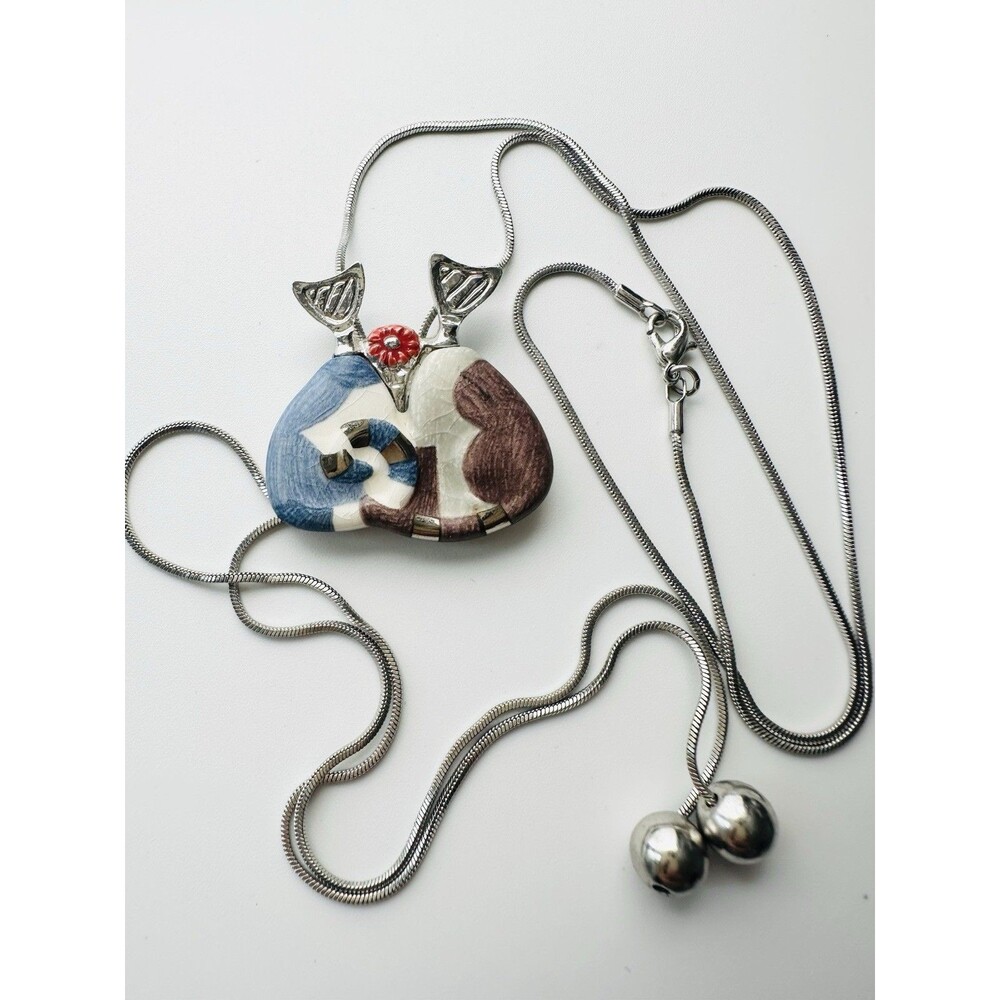 Goebel Rosina Wachtmeister Enamel Cat Pendant Bolo Tie Necklace Silver Vintage